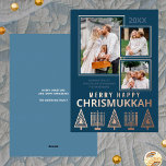 Merry Happy Chrismukkah Chic 3 Foto Rose Gold Folien Feiertagskarte<br><div class="desc">Personalisierte Grußkarten aus Foto, die mit Goldfolie der echten Rose gedruckt sind, verleihen Ihren Urlaubssendungen eine Touch Luxus. Einfach anzupassen, fügen Sie einfach Ihre drei Fotos, wo sie erscheinen leicht überlappend mit dünnen Rose Goldgrenzen. Bearbeiten Sie das Jahr oben und Ihren Namen und einen kurzen Gruß unter dem großen Foto,...</div>