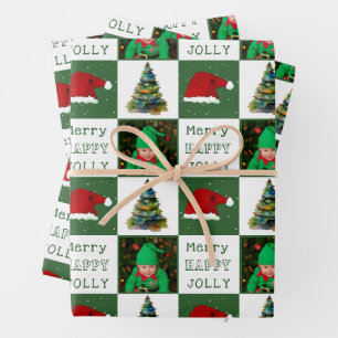 Merry Jolly Christmas Tree Weihnachtsmannmütze Fam Geschenkpapier Set