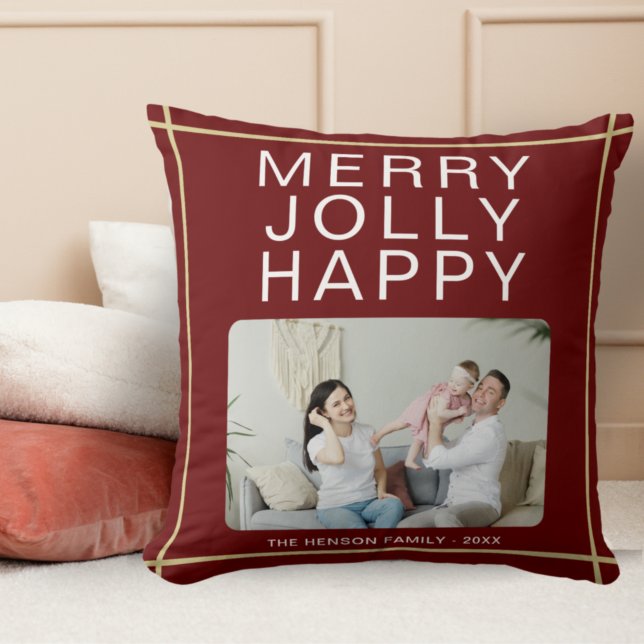 Merry Jolly Happy Custom Family Foto Red Holiday Kissen (Von Creator hochgeladen)