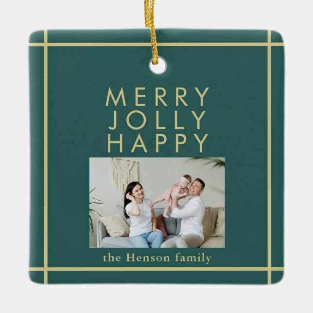 Merry Jolly Happy Family Foto Christmas Green Keramikornament (Vorderseite)
