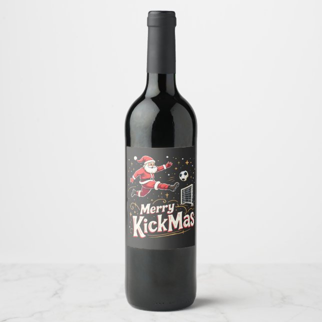 Merry Kickmas Funny Santa Claus Fußballfans Weinetikett (Vorderseite)