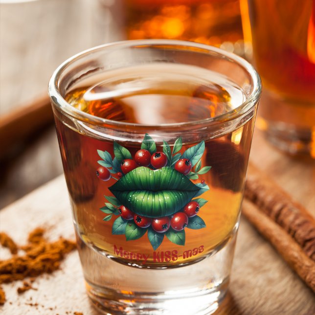 Merry KISS-mas Grüne Lippen Rote Weihnachtsberries Schnapsglas (Von Creator hochgeladen)