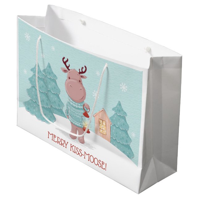 Merry Kiss Moose Christmas Große Geschenktüte (Vorderseite Schrägansicht)