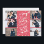 Merry Kisses Warm Wünsche Rett Date 6-Foto Red Save The Date<br><div class="desc">Diese moderne und schicke Urlaubskarte dient als Ankündigung Datum freihalten Karte für das frisch verlobte Paar. Die Vorderseite zeigt 6 Ihrer Fotos, die von Hand gezeichnete Schneeflocken und handgeschriebene Typografie mit dem Titel "Frohe Küsse und warme Ferien wünscht from the Balon To Be Mr and Mrs." auf rotem Hintergrund hervorgehoben...</div>