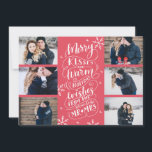 Merry Kisses Warm Wünsche Rett Date 6-Foto Red Save The Date<br><div class="desc">Diese moderne und schicke Urlaubskarte dient als Ankündigung Datum freihalten Karte für das frisch verlobte Paar. Die Vorderseite zeigt 6 Ihrer Fotos, die von Hand gezeichnete Schneeflocken und handgeschriebene Typografie mit dem Titel "Frohe Küsse und warme Ferien wünscht from the Balon To Be Mr and Mrs." auf rotem Hintergrund hervorgehoben...</div>