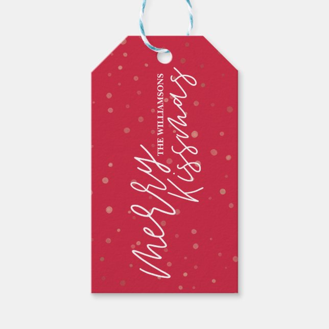 Merry Kissmas | Weihnachten in Rot und Weiß Streif Geschenkanhänger (Vorderseite)