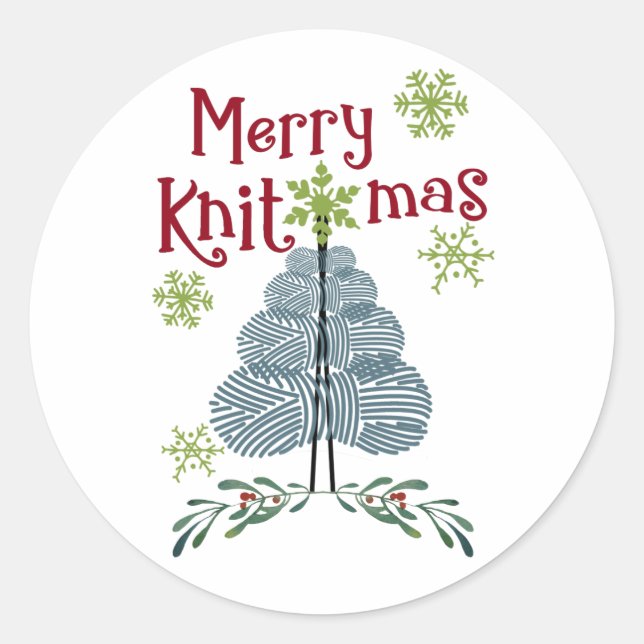 Merry Knitmas Garn Weihnachtsbaum Knitting Holiday Runder Aufkleber (Vorderseite)