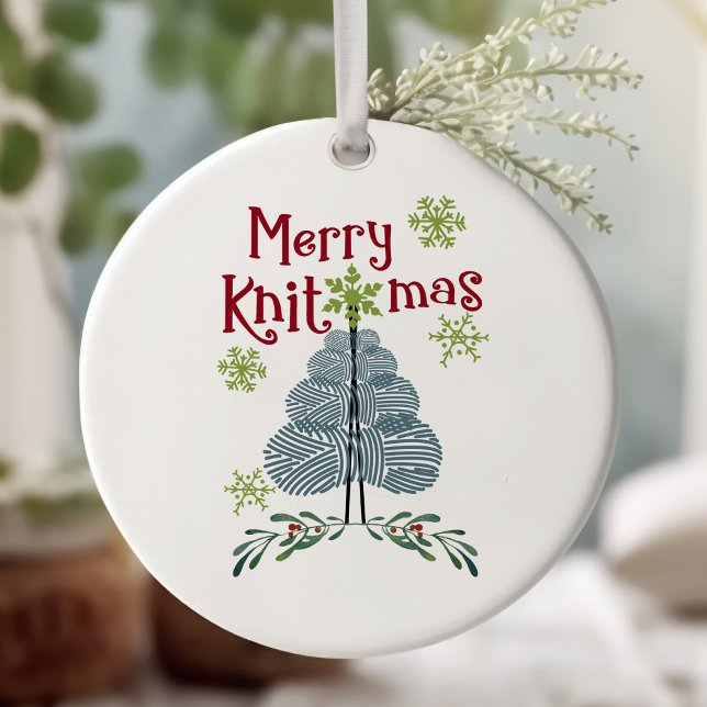 Merry Knitmas und Garnbaum Knitting Holiday Deco Keramik Ornament (Merry Knitmas christmas ornament for LYS, knit & natter group or knitting friend)