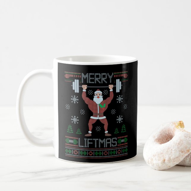 Merry Liftmas hässlich Weihnachtsgymnastik Workout Kaffeetasse (Mit Donut)