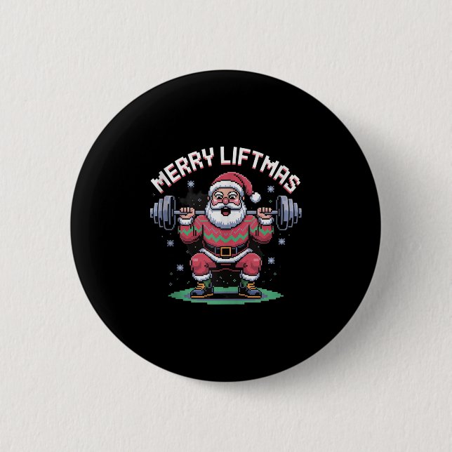Merry Liftmas Santa Claus Barbell Squat Xel Retro  Button (Vorderseite)