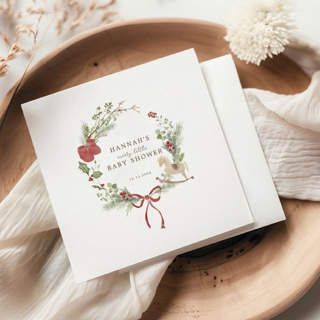 Merry Little Baby Shower Red Bow Wreath Serviette (Von Creator hochgeladen)