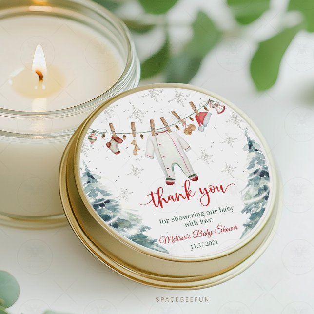 Merry Little Baby Shower Runder Aufkleber (Merry Little Baby Shower, sticker favor tags, holiday baby shower, Christmas baby shower, winter bab)