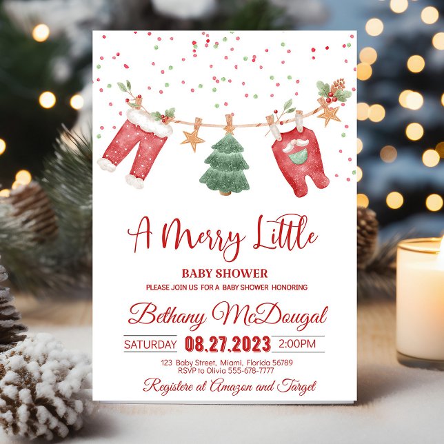 Merry Little Baby Shower Santa Baby Einladung (A Christmas baby shower invitation with a vintage Santa, festive red and green colors, and the phras)