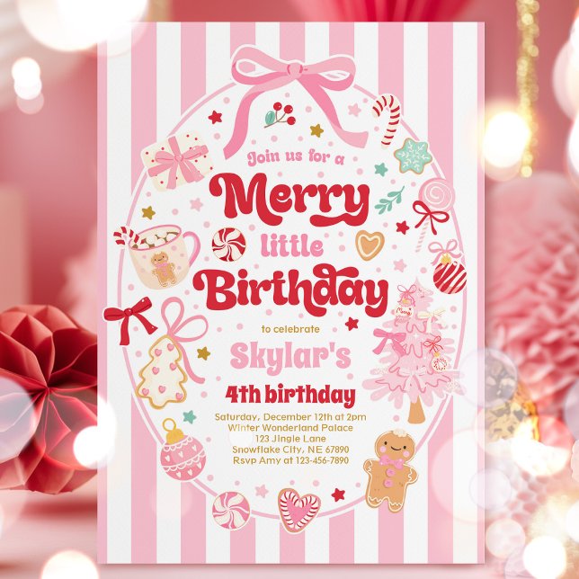 Merry Little Birthday Party Christmas Coquette Bow Einladung (Von Creator hochgeladen)