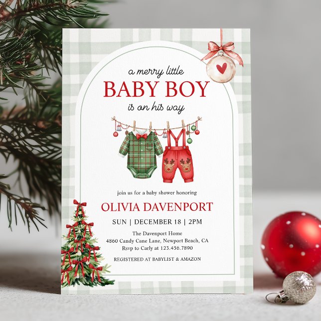 Merry Little Boy Gingham Christmas Baby Shower Einladung (Von Creator hochgeladen)
