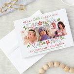 Merry Little Christmas Babys First Photo Collage Feiertagskarte<br><div class="desc">Stylish square photo card features "Have yourself a Merry Little Christmas" wording in modern typestyles with custom text for the baby's name, birth date, and stats. A floral holiday border of holly, berries, leaves, pinecones, and branches frames your three (3) favorite newborn photos. Color scheme: white with red, dusty purple,...</div>