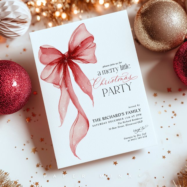 Merry Little Christmas Party  Einladung (Merry Little Christmas Party! Red Bow Christmas Invitation)