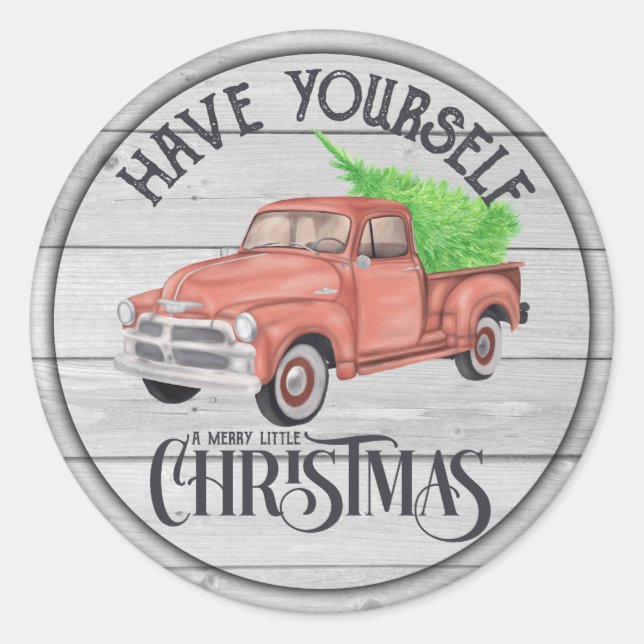 Merry Little Christmas Red Truck Runder Aufkleber (Vorderseite)