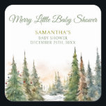Merry Little Christmas Winter Baby Shower Quadratischer Aufkleber<br><div class="desc">Das Design besticht durch eine friedliche Aquarellwaldszene und elegante Goldakzente. Dieses "Merry Little" Babyduschthema ist der ideale Set für ein festliches Fest. Passen Sie den Text so an,  dass er Ihren Veranstaltungsdetails entspricht und Sie ihn ganz Ihren Wünschen entsprechend gestalten.</div>