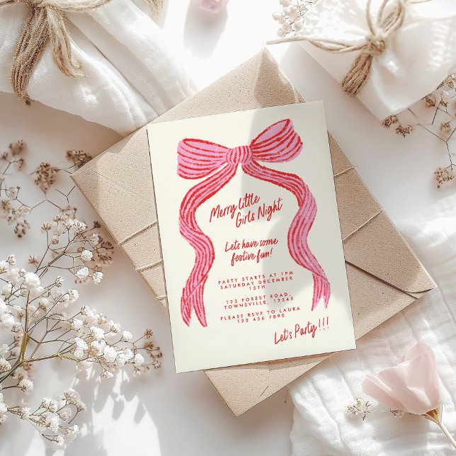 Merry Little Girls Night Invitation | Pink Red Bow Einladung (Von Creator hochgeladen)