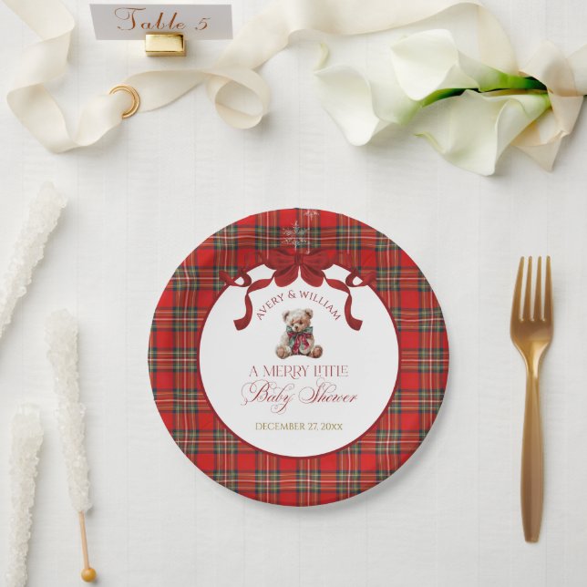 Merry Little Red Bow Christmas Plaid  Pappteller (Hochzeit)