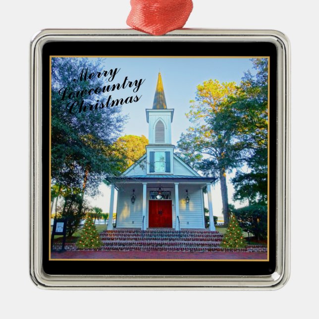 Merry Lowcountry Weihnachtskapelle Palmetto Bluff Ornament Aus Metall (Vorne)