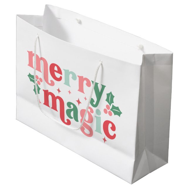 Merry Magic - farbenfrohe Weihnachtstypografie Große Geschenktüte (Vorderseite Schrägansicht)