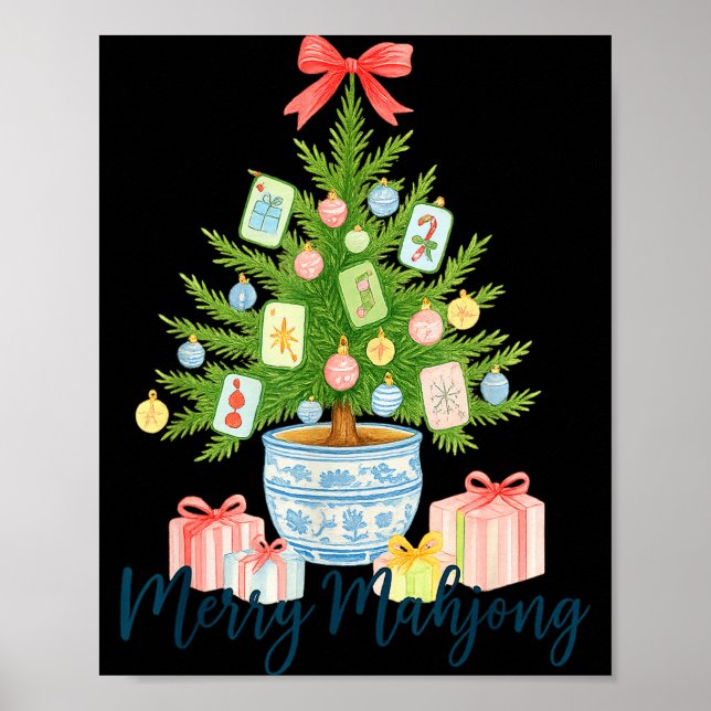 Merry Mahjong Christmas Tree Chinoiserie Holiday  Poster (Vorne)