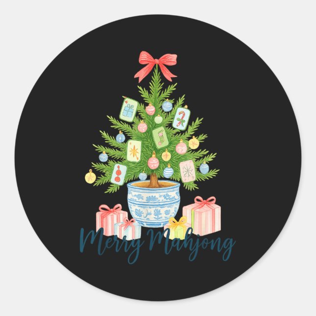 Merry Mahjong Christmas Tree Chinoiserie Holiday  Runder Aufkleber (Vorderseite)