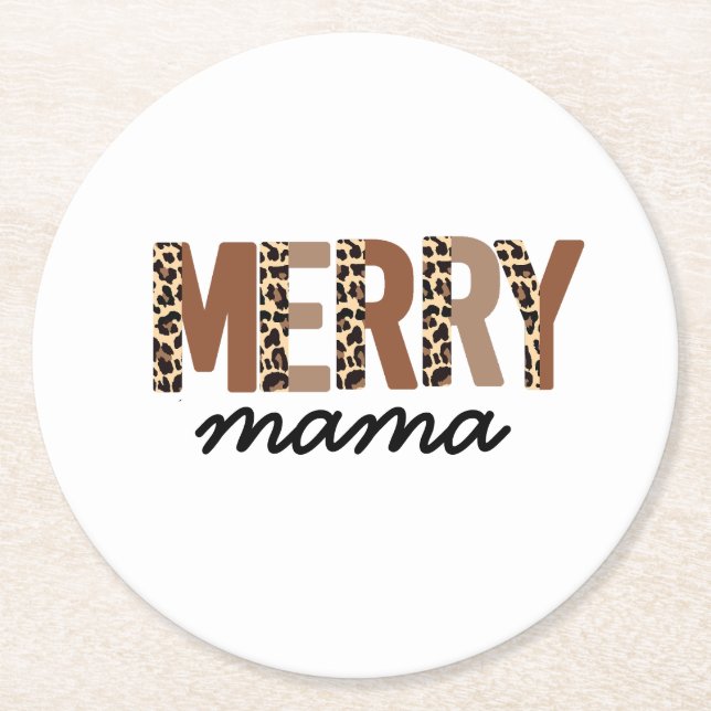 "Merry Mama" Moderner Farbblock Leopard Boho Runder Pappuntersetzer (Vorderseite)