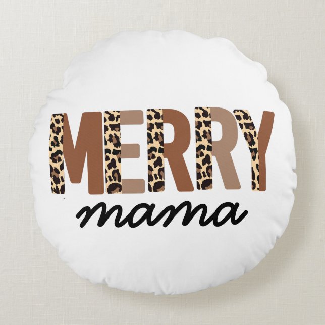 "Merry Mama" Moderner Farbblock Leopard Boho Rundes Kissen (Vorderseite)