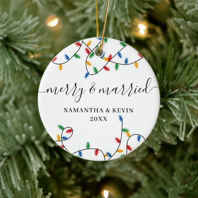 Merry & Married Mr Mrs Couple Names Xmas Lights Keramik Ornament (Baum)