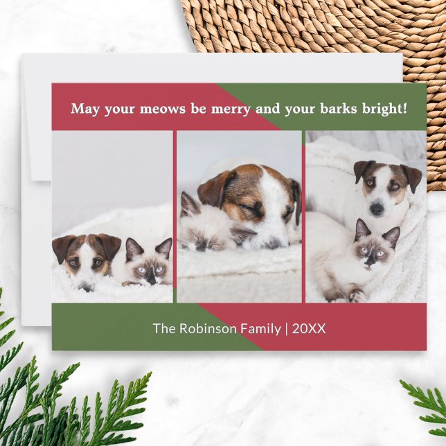 Merry Meows Funny Dog Cat Foto Weihnachten (A funny Christmas card with a dogs and cats themed quote, to personalize with 3 of your own photos)