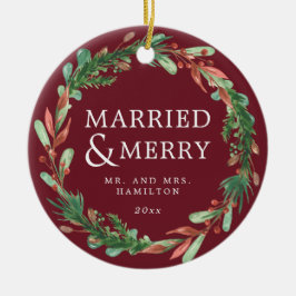 Merry & Merry Burgundy Mr. and Mrs. Wreath Keramik Ornament