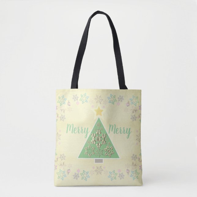 "Merry Merry" Weihnachtsbaum & Schneeflocken Tasche (Vorderseite)