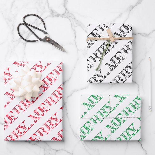 MERRY Modern Text Weihnachten Urlaub Spaß Geschenkpapier Set (Vorderseite)