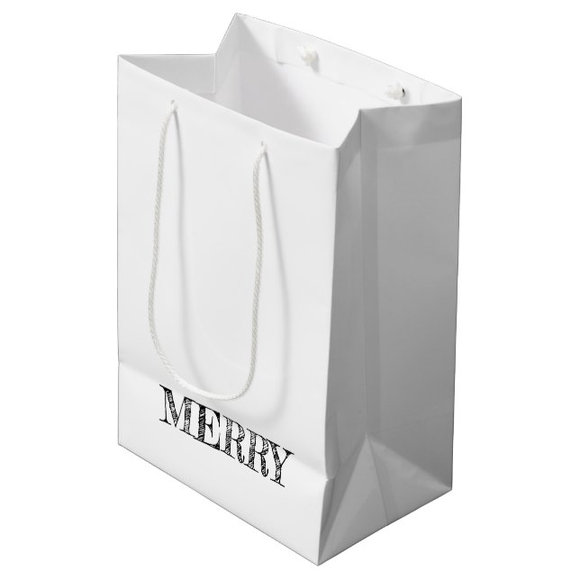 MERRY Modern Text Weihnachten Urlaub Spaß Schwarz Mittlere Geschenktüte (Vorderseite Schrägansicht)