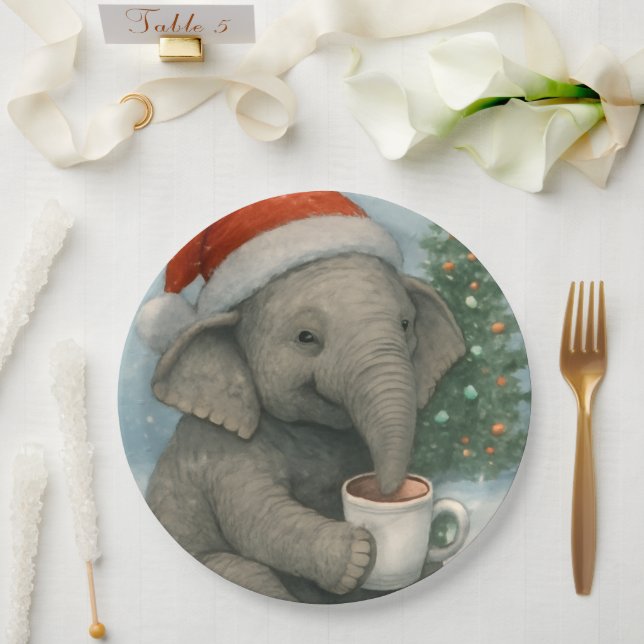 Merry Moments with a Cocoa-Loving Elephant Holiday Pappteller (Hochzeit)