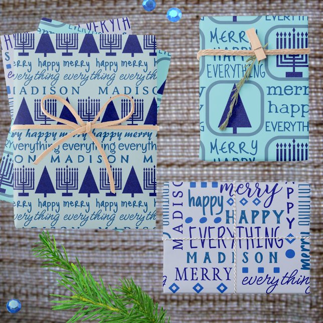 Merry Navy Intergléry Alles Hinzufügen Kinder Name Geschenkpapier Set (Personalize this Merry Happy Everything holiday wrapping paper with children's names)