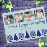 Merry Navy Interreligiöse Menorah Tree Niedlich 4  Feiertagskarte<br><div class="desc">Personalisieren Sie diese 4 Foto Collage Urlaubskarten in einem einfachen marineblau und pastellblau Merry Happy Alles interreligiöse Design. Ein eleganter Schriftart in tiefblau mit einem leichten Schatten in Weiß verleiht Interesse und die Reihe von fünf marineblauen Menorahs und vier passenden Weihnachtsbäumen macht diese flachen Urlaubskarten zu einer stilvollen Wahl für...</div>