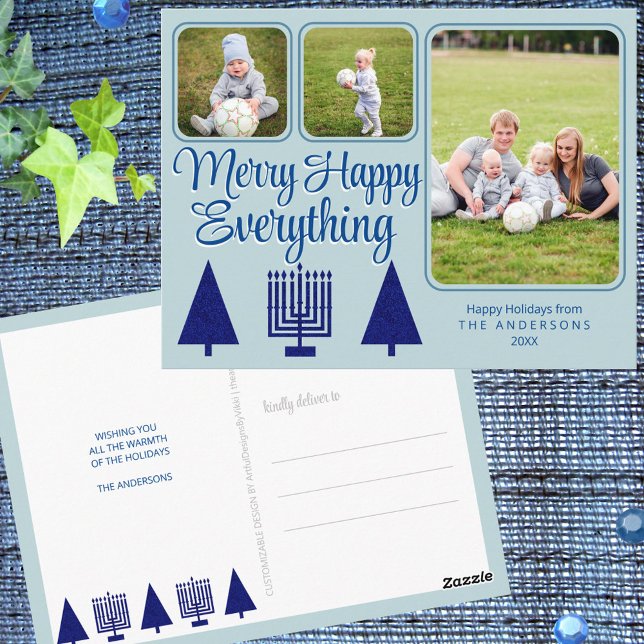 Merry Navy Intertrust Family Kinder 3 Foto Urlaub Postkarte (Add your photos and text to these custom MERRY HAPPY EVERYTHING holiday postcards)