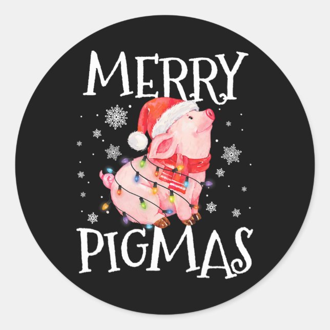 Merry Pigmas Funny Pig Weihnachtslicht Tree Xmas Runder Aufkleber (Vorderseite)
