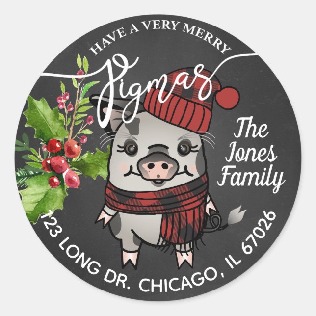 Merry Pigmas Red Buffalo Karierte Adresse Runder Aufkleber (Vorderseite)