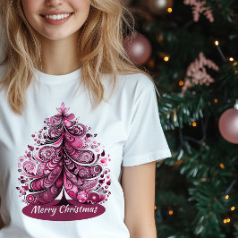 Merry Pink Christmas Art Nouveau Whimsical Tree T-Shirt