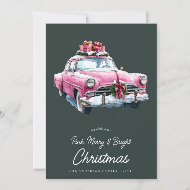 Merry Pink Weihnachtswagen Retro Aquarell Feiertagskarte (Vorderseite)