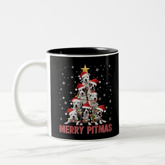 Merry Pitmas Pitbull Dog Tree Ugly Weihnachten Zweifarbige Tasse (Links)