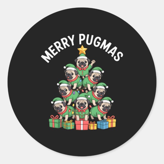 Merry Pugmas Funny Pug Christmas Tree Holiday Long Runder Aufkleber (Vorderseite)