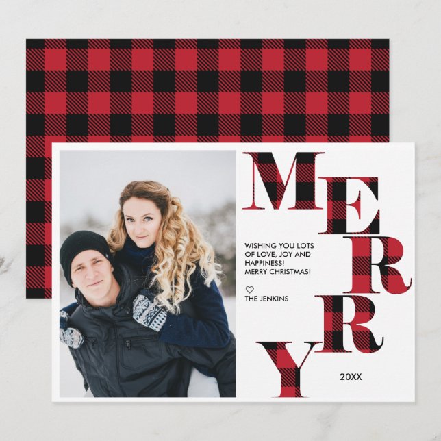 Merry | Red Buffalo Kariert Foto Holiday Einladung (Vorne/Hinten)