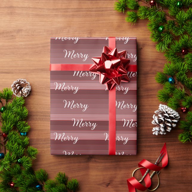 Merry -Red, Gray, Black, White Stripes Geschenkpapier (Feiertagsgeschenk)