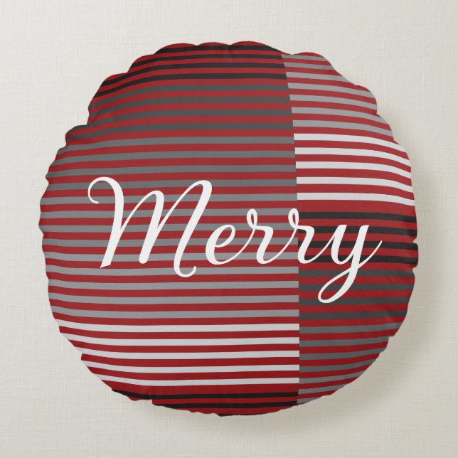 Merry -Red, Gray, Black, White Stripes Rundes Kissen (Vorderseite)